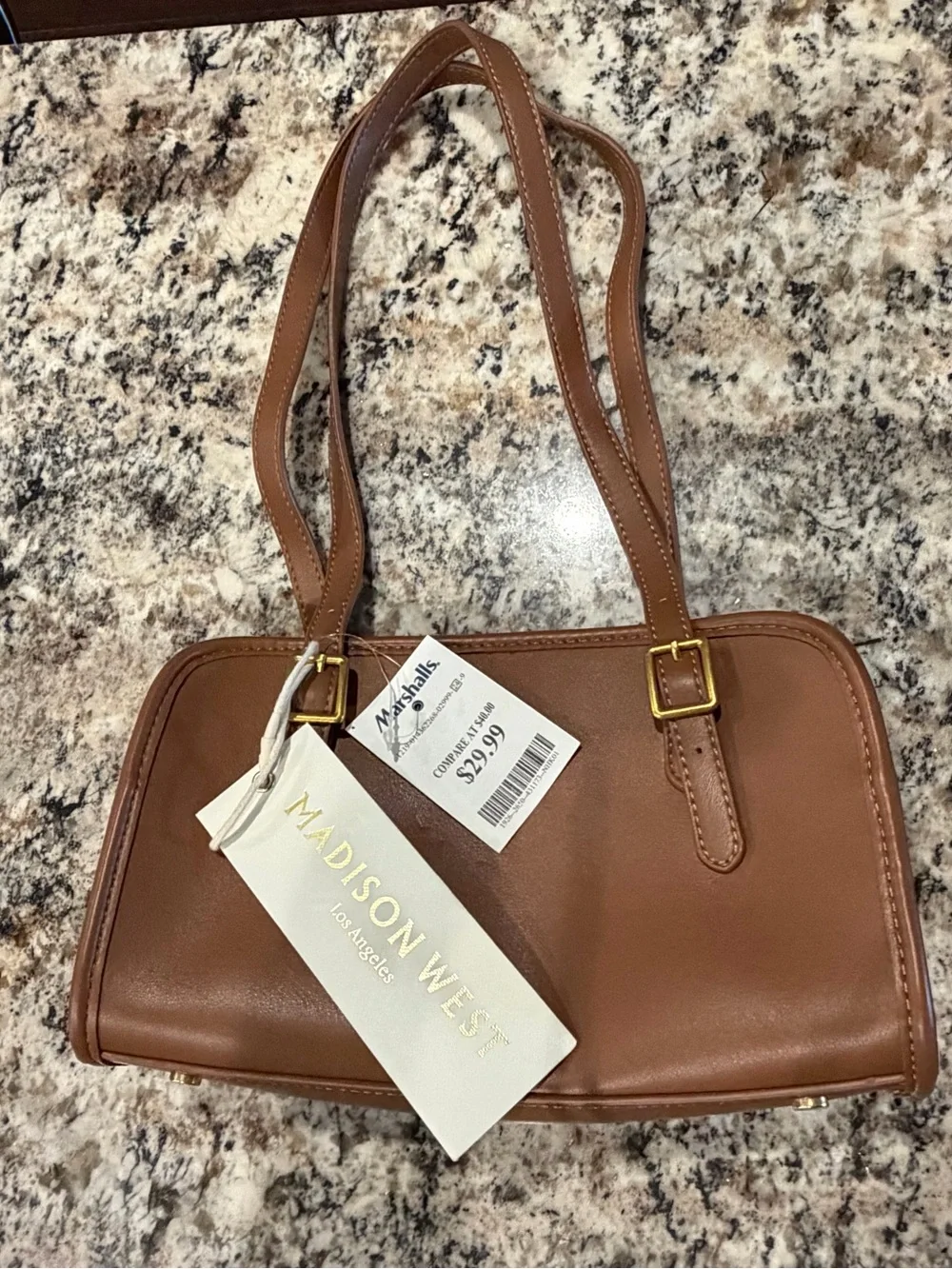 Madison West Tan Faux-Leather Structured Satchel with Gold Hardware, NWT